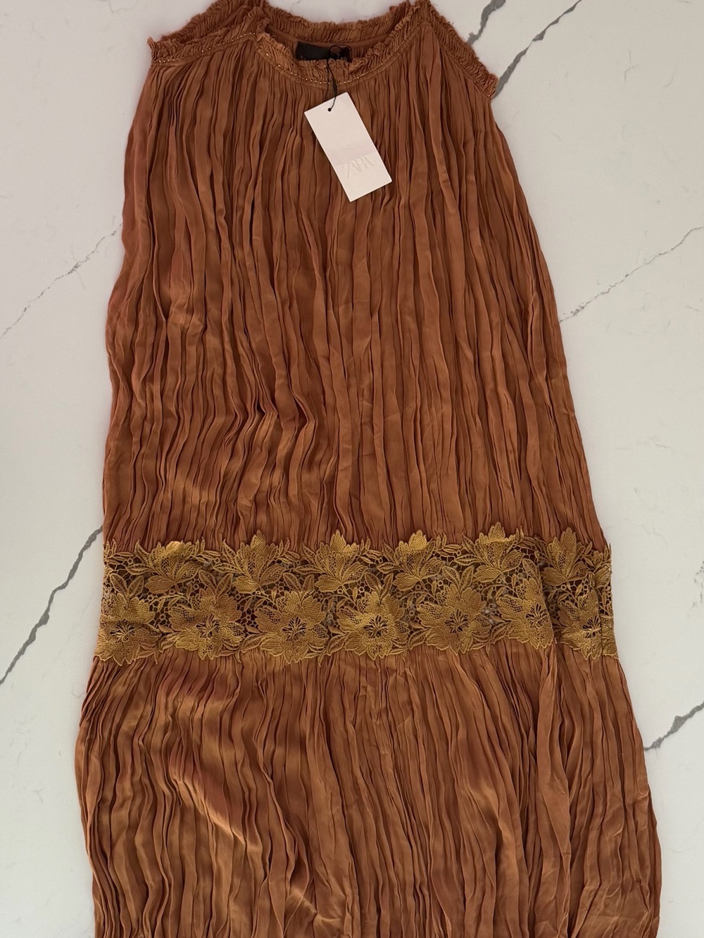 NWT Zara ZW Collection Wrinkled Embroidered Maxi Dress Brown Boho Size L - Picture 8 of 16